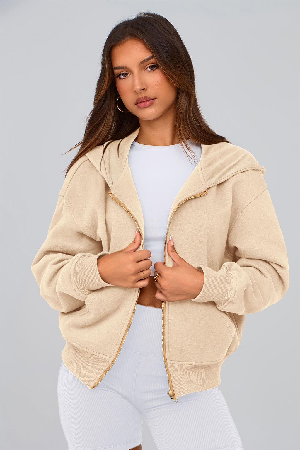 PRETTYGARDEN Hoodies for Women Sweatshirt Zip Up Hoodie Fall Fashion 2026 Trendy Long Sleeve Jackets Winter Clothing Outfits (Apricot,Medium)