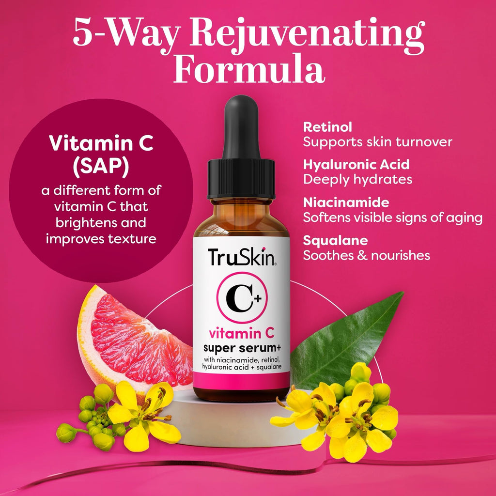 TruSkin Vitamin C Super Serum for Face - Five Skin Benefits in One Serum with Vitamin C, Retinol, Niacinamide, Hyaluronic Acid & Squalane - Brighten, Firm & Smooth the Look of Skin, 1 Fl Oz