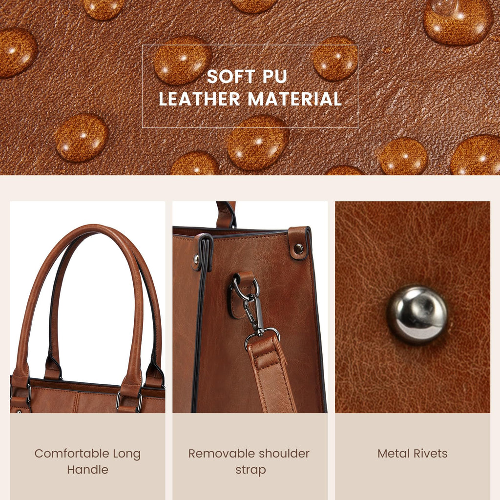 LOVEVOOK Laptop Tote Bag for Women, 15.6 Inch Large Capacity Vintage Leather Work Computer Bag, Business Casual Shoulder Handbag, Dark Brown