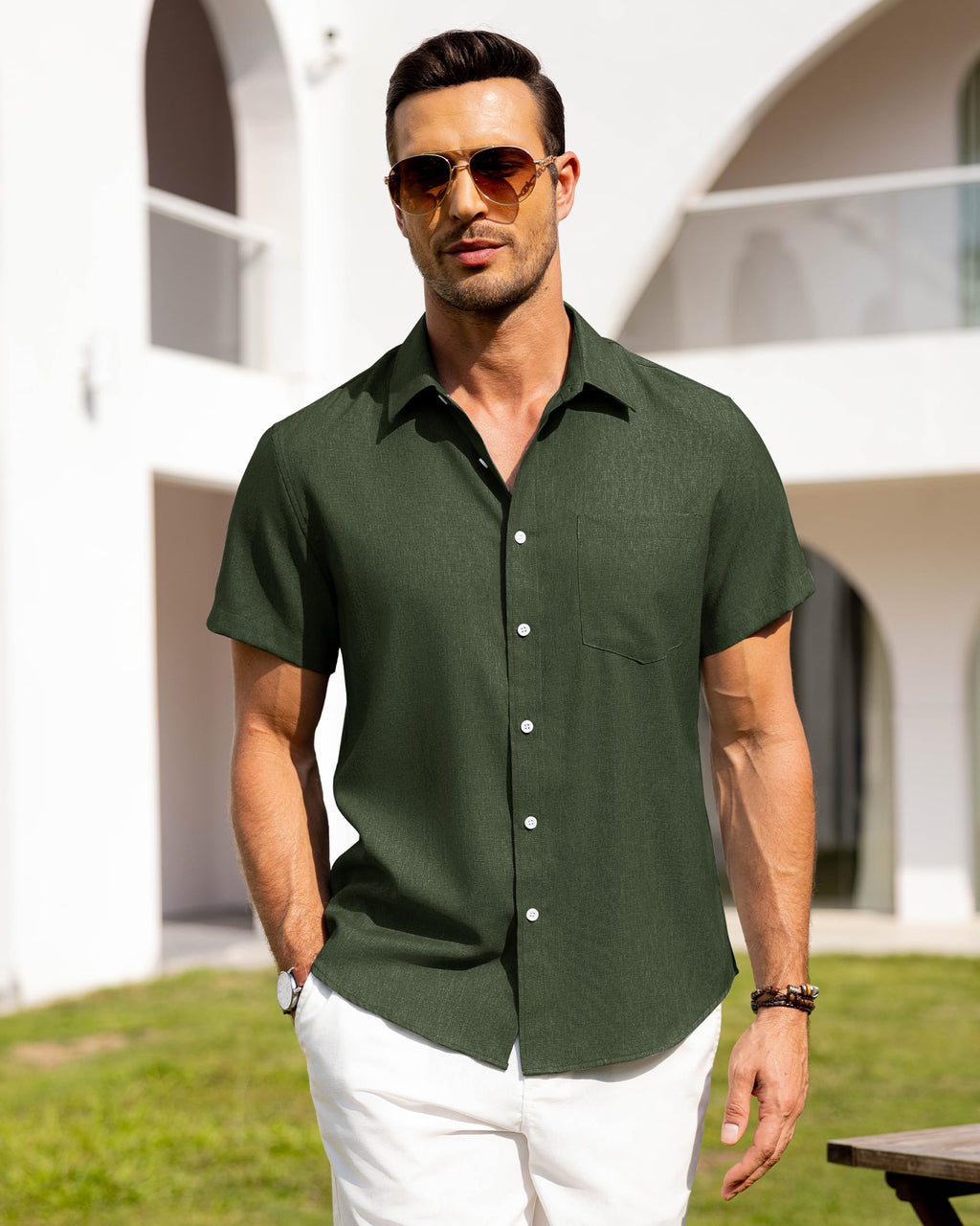 Alimens & Gentle Mens Linen Shirts Short Sleeve Button Down Shirts Wrinkle Free Casual Vacation Beach Summer Tops,Olive Green,M