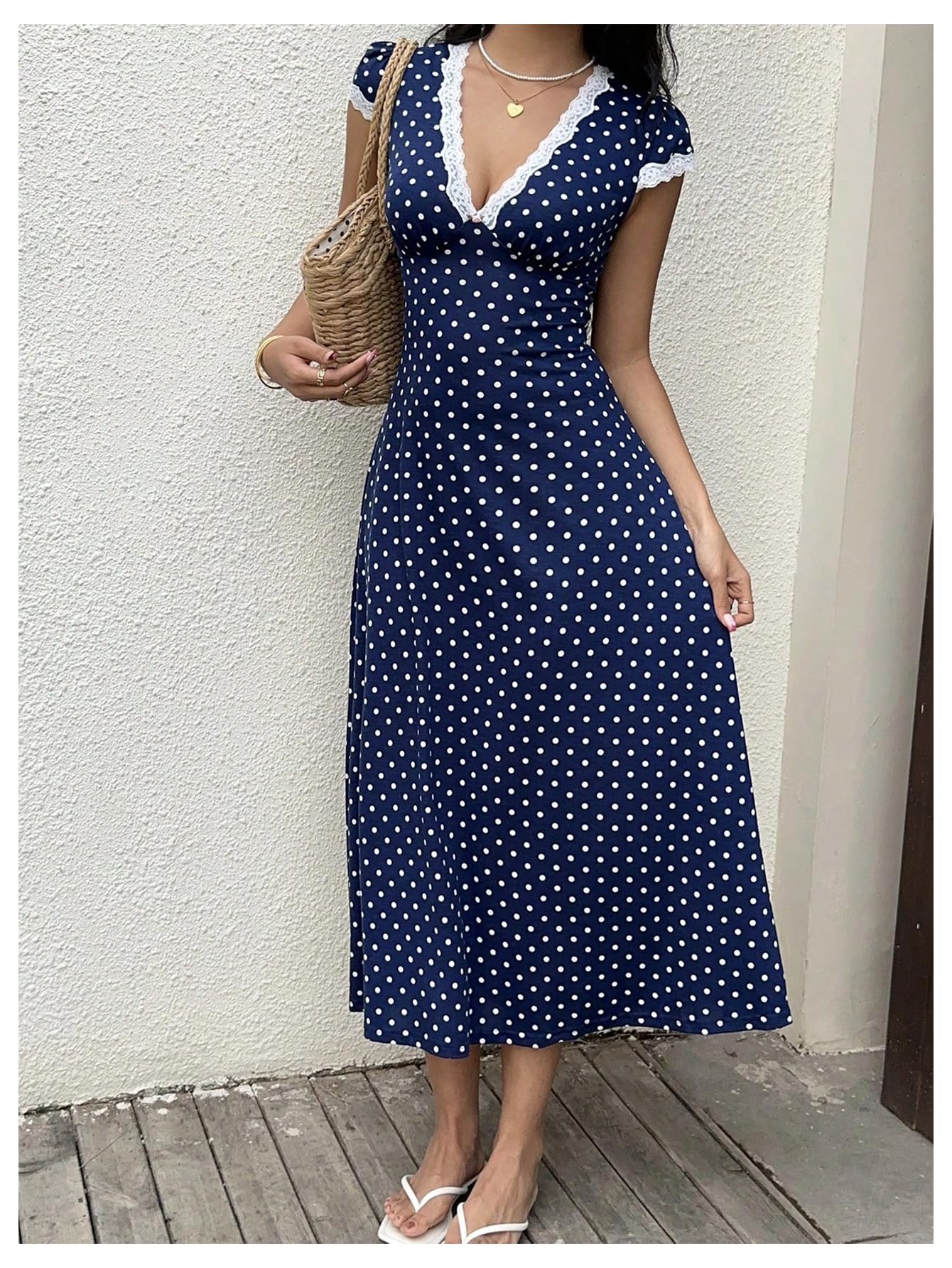 Milumia Women's Polka Dots Lace Trim Deep V Neck Dress Short Sleeve Flared Long Dresses Dark Blue XX-Small