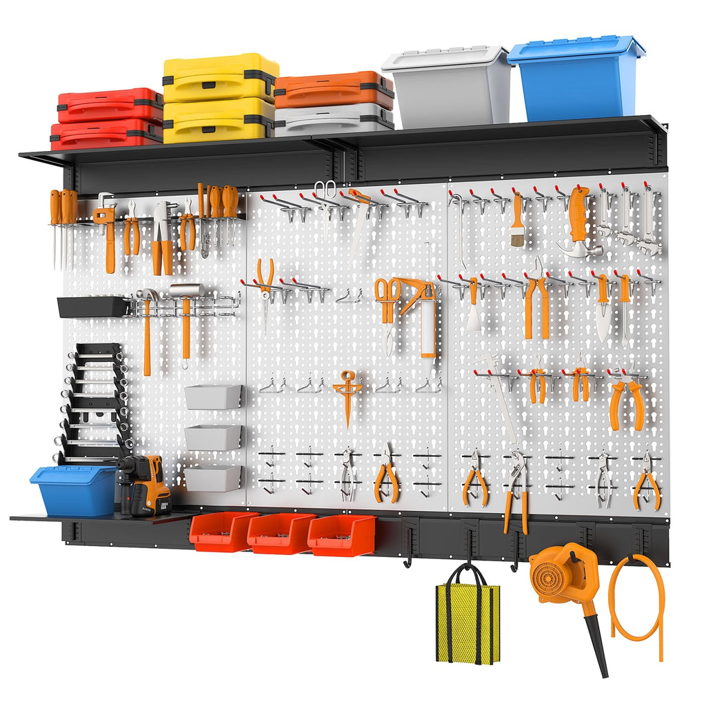 WALMANN 113 PCS Pegboard Wall Tool Organizer Kit with Pegboard Hooks, Bins, Pegboard Tools Storage System for Garage, Modular Peg Board, Tools Organizer Board with Hooks(Grey)