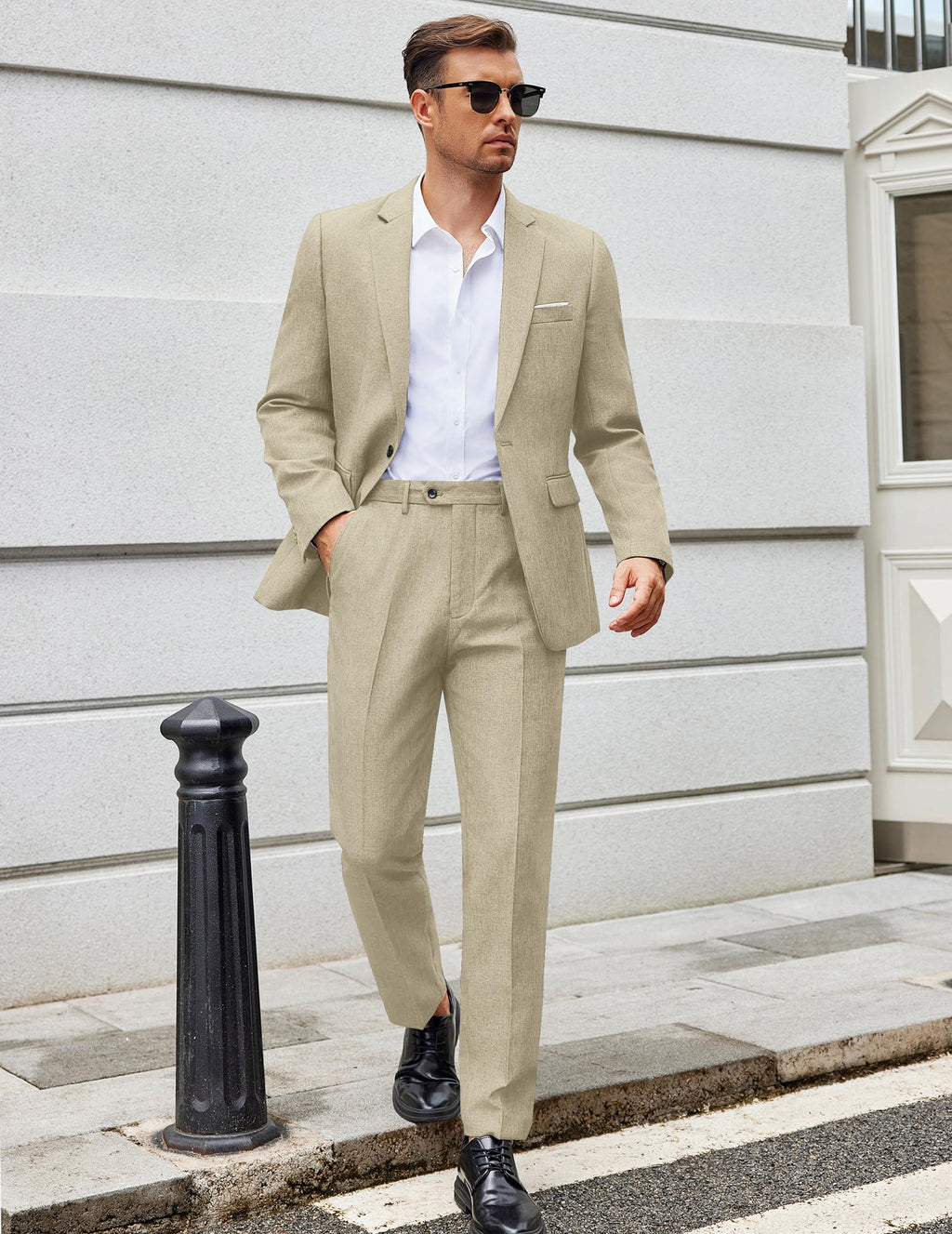 COOFANDY Mens Casual Suits 2 Piece Set One Button Dress Suits for Graduation Wedding Business, Light Khaki, Medium