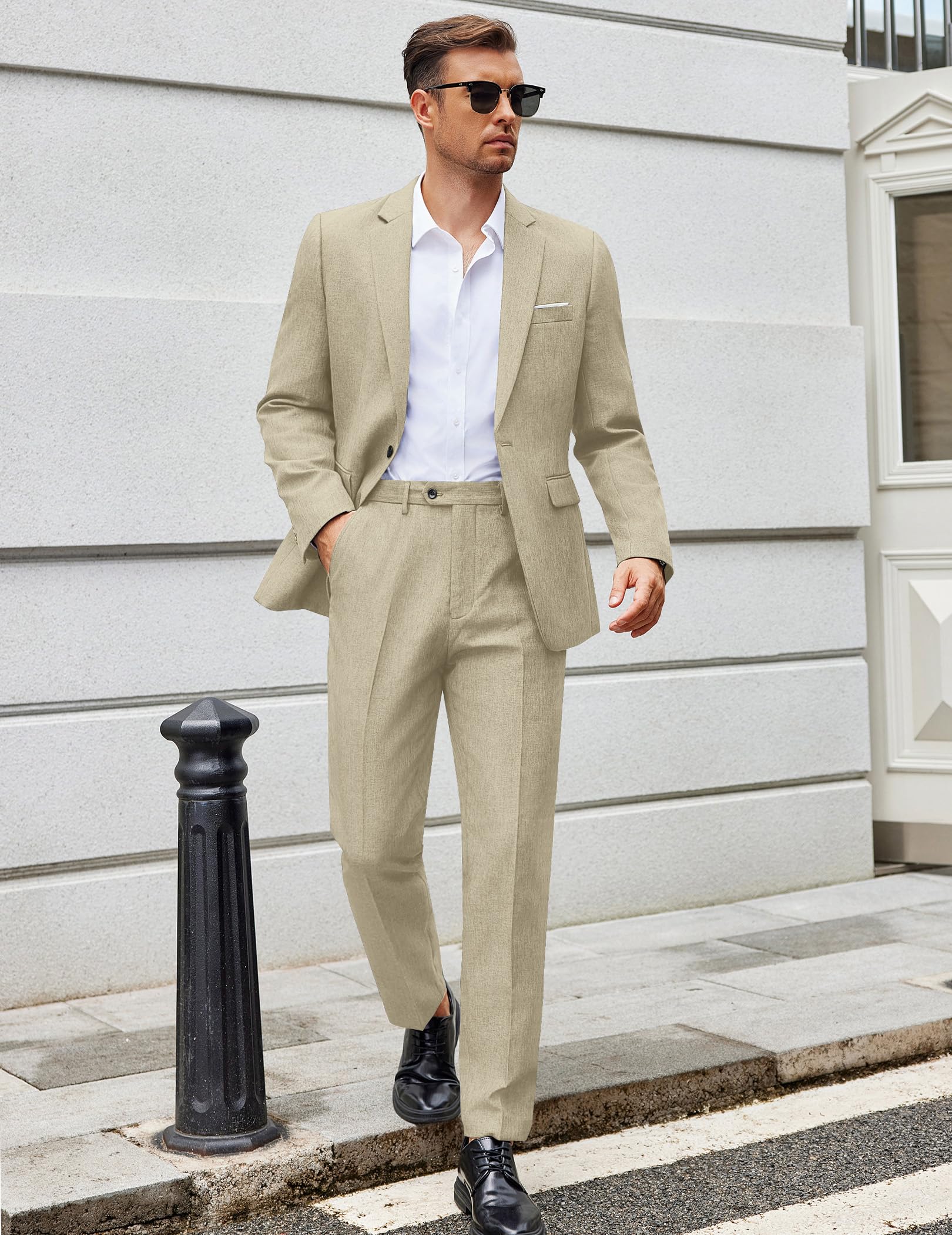 COOFANDY Mens Casual Suits 2 Piece Set One Button Dress Suits for Graduation Wedding Business, Light Khaki, Medium