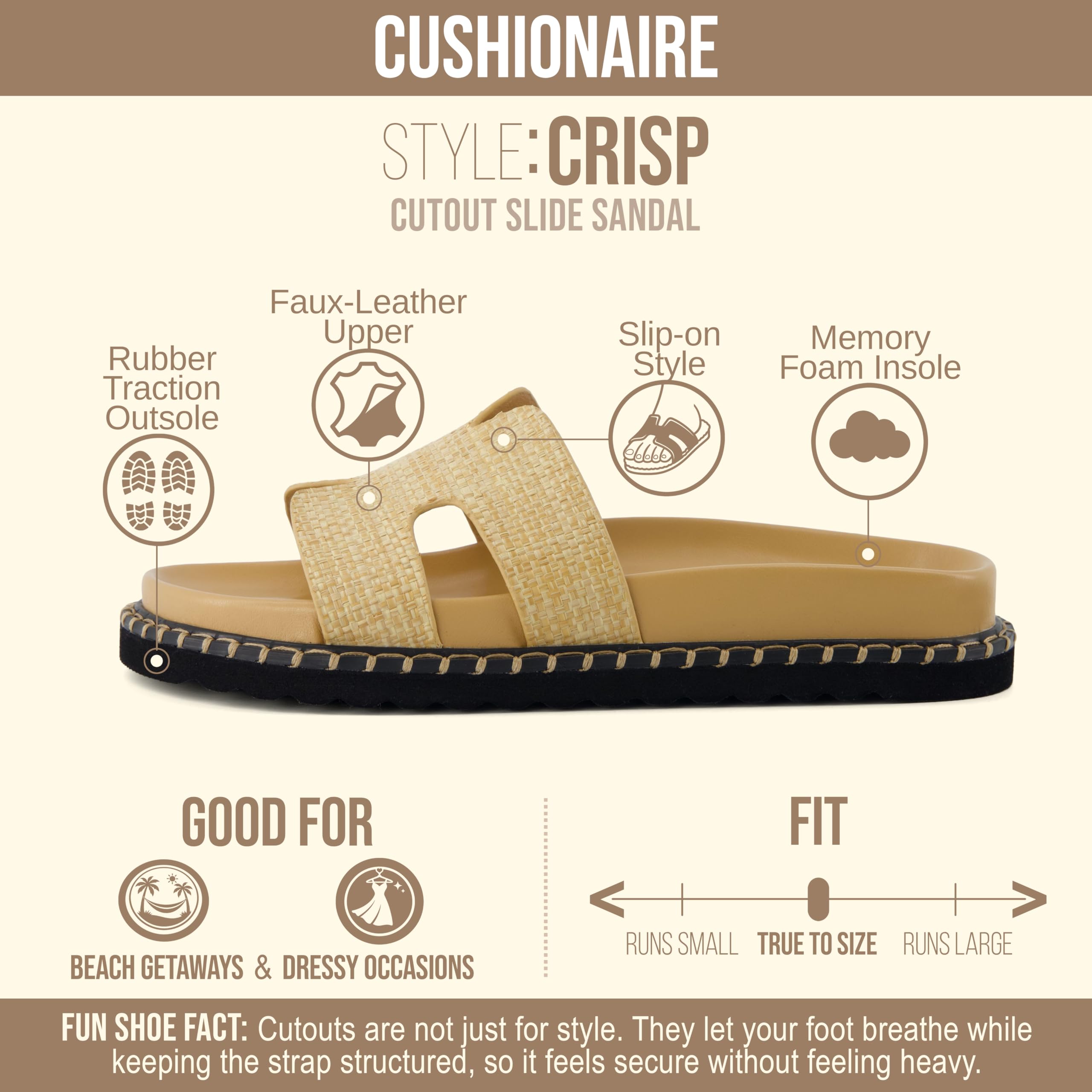CUSHIONAIRE Crisp Women’s Slide Sandal – Faux Leather Cutout Slip-On with Artisan Stitching & Memory Foam, Wide Widths Available, NATURAL 10