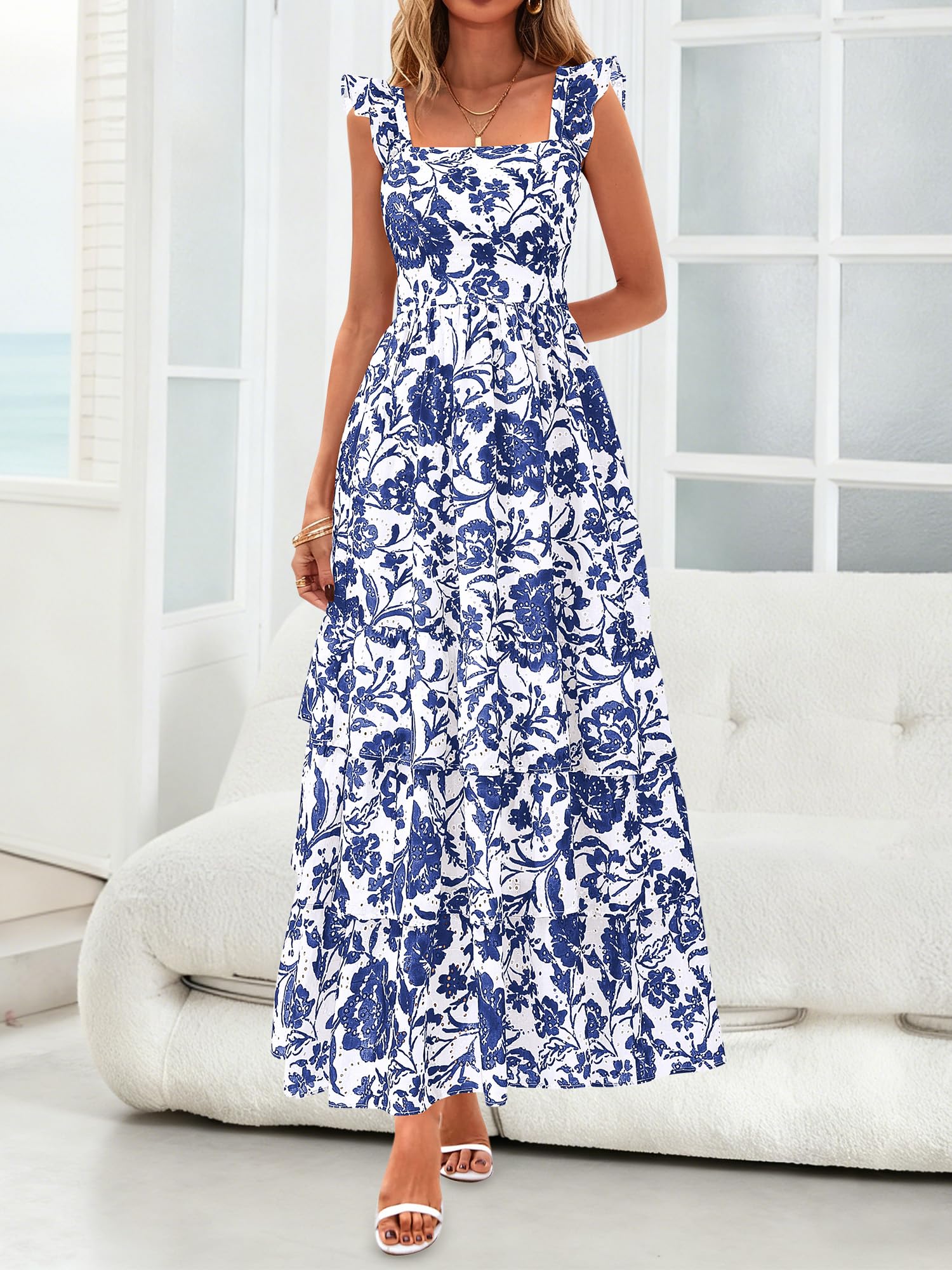 BTFBM Summer Dresses for Women 2026 Sleeveless Boho Floral Maxi Wedding Guest Dress Beach Vacation Clothes with Pockets(Floral White Blue,X-Large)
