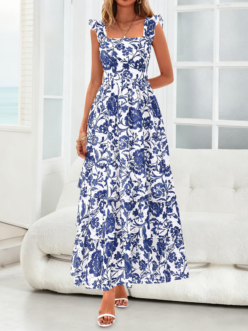 BTFBM Summer Dresses for Women 2026 Sleeveless Boho Floral Maxi Wedding Guest Dress Beach Vacation Clothes with Pockets(Floral White Blue,Large)