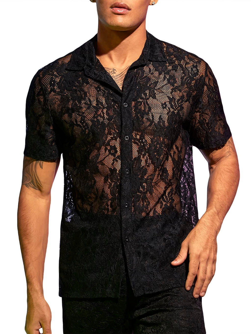 WDIRARA Men's Floral Mesh Tee Top Sheer Round Neck Short Sleeve T Shirts Black Lace XL
