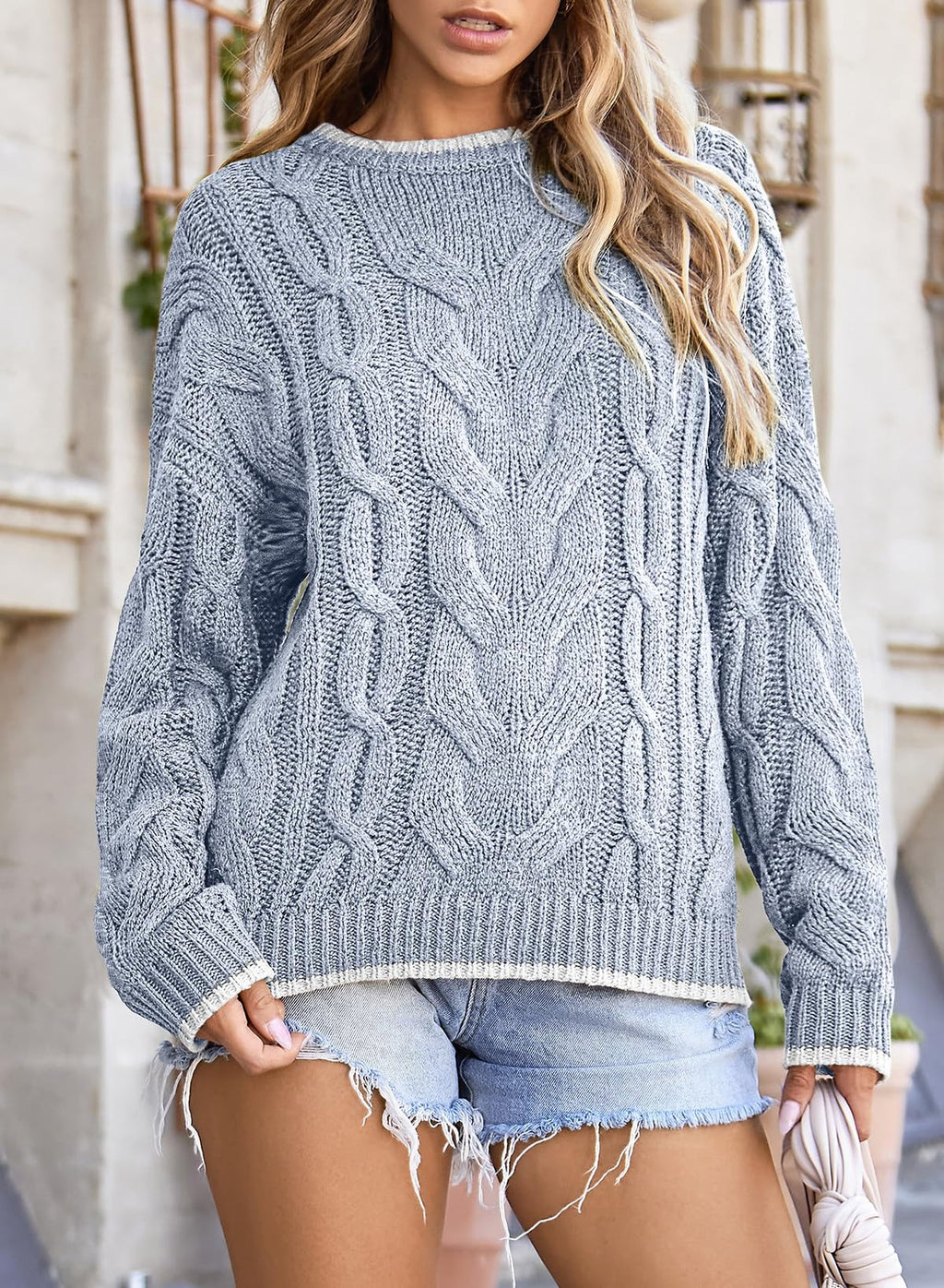 EVALESS Women's Crewneck Cable Knit Sweaters Trendy Long Sleeve Color Block Sweater Tops Fall Pullover Sweaters Winter Clothes Sky Blue Medium