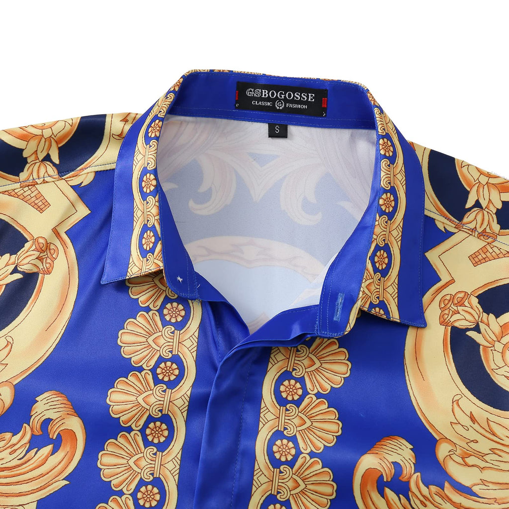 GSBOGOSSE Men Gold Fashion Luxury Printed Satin Long Sleeve Button-Down Shirts Flashy Retro Gorgeous Design Party Gift Shirt