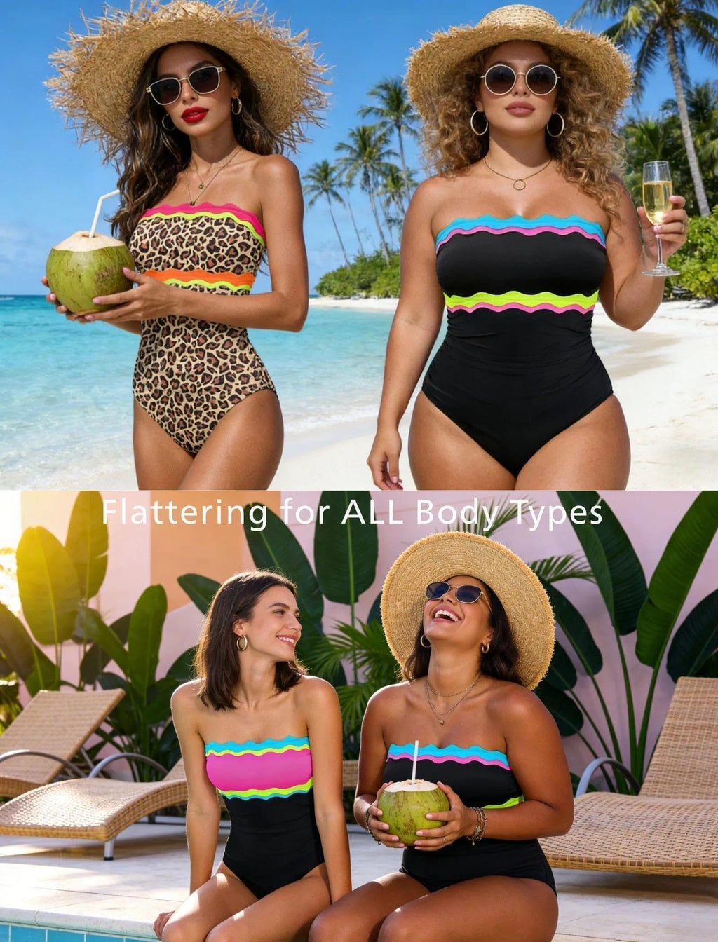 popvil One Piece Swimsuits for Women 2026 Strapless Tummy Control Neon Bandeau Bathing Suits, Pink, 2X-Large