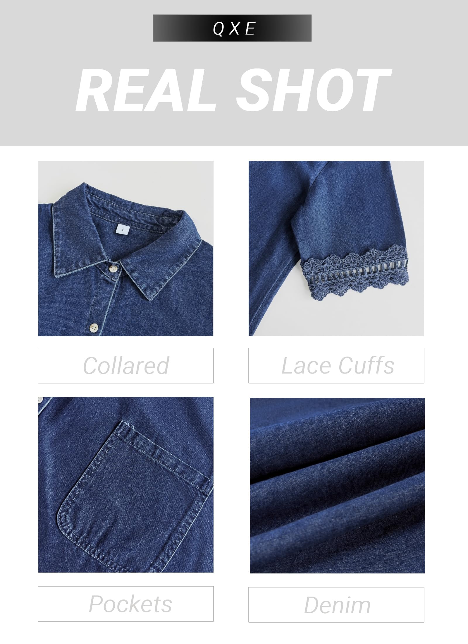 QXE Denim Dress for Women 2026 Summer Casual Lace Trim Half Sleeve Blue Jean Dresses Button Down Shirt Dress Western Outfits