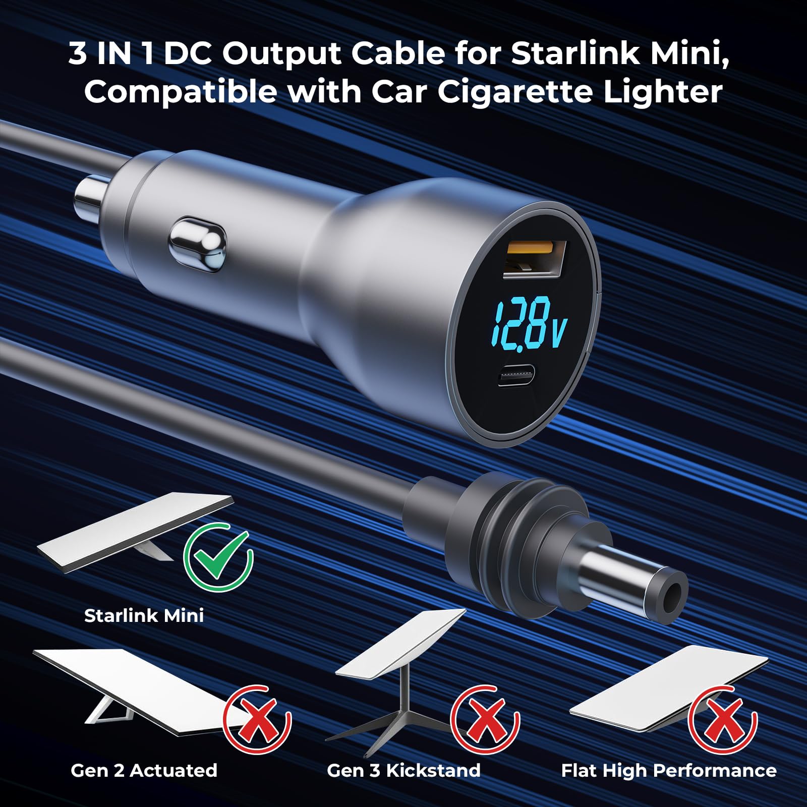 Starlink Mini Cable,Starlink Mini Accessories Car Charger, 3-in-1 DC Power Cable with 12V-48V Cigarette Lighter Adapter,PD 30W + USB-A 30W + DC 72W Car Power Supply for Trucks, RVs, Boats(10Ft)