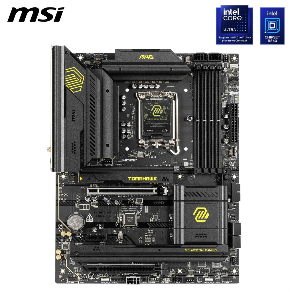 MSI MAG B860 Tomahawk WiFi Motherboard, ATX - Supports Intel Core Ultra Processors (Series 2), LGA 1851 - DDR5 Memory Boost 9200+ MT/s OC, 1 x PCIe 5.0 x16, 1 x M.2 Gen5, 5G LAN, Wi-Fi 7
