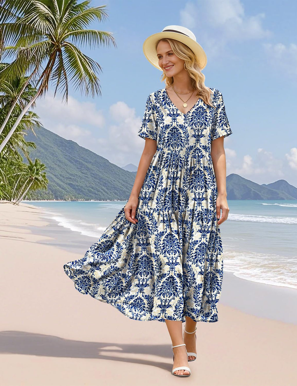 YESNO Women's Summer Maxi Dresses Casual Floral Short Sleeve V Neck Boho Beach Vacation Swing Dress with Pockets 2XL EVF CR425B
