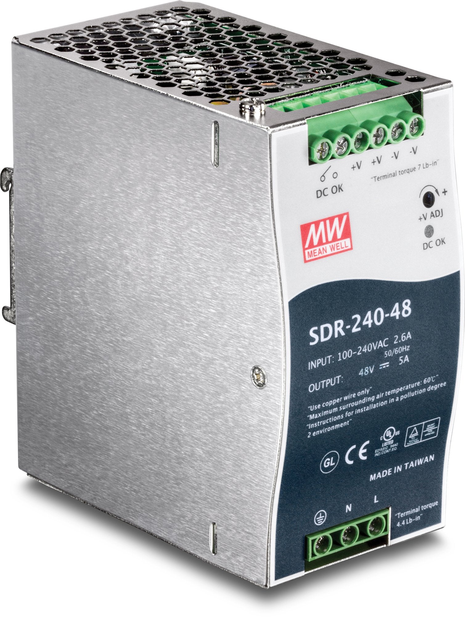TRENDnet 240W Single Output Industrial DIN-Rail Power Supply, Extreme Operating Temp Range -25 to 70 °C(-13 to 158 °F) Built-in Active PFC, Passive Cooling, DIN-Rail Mount, Silver, TI-S24048