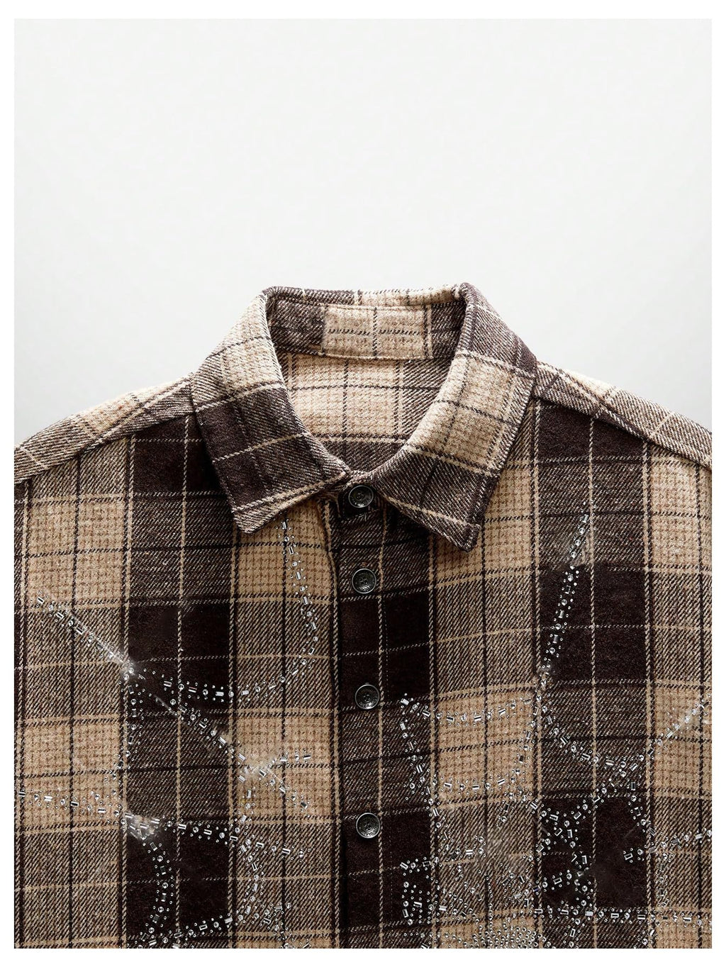 GORGLITTER Men's Gingham Cropped Shirt Button Up Y2K Rhinestone Short Sleeve Boxy Collared Plaid Streetwear Crop Tops Coffee Brown Small