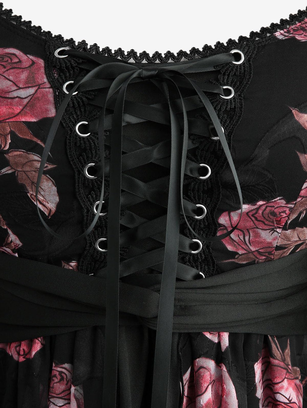 Rosegal Plus Size Women Gothic Costume T-Shirt 2 in 1 Top Cold Shoulder Chiffon Bell Sleeves Rose Flower Print Lace Up Flowy Top(Black/S)