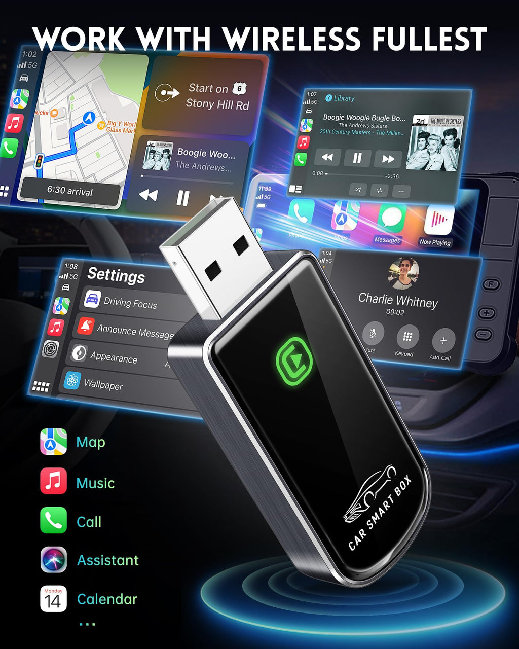 Amzfeel Wireless CarPlay Adapter for Apple iPhone iOS 10+ & Cars from 2015+, Mini Edition, Converts Factory Wired to Wireless CarPlay Dongle Plug & Play (Brushed Cobalt Blue)