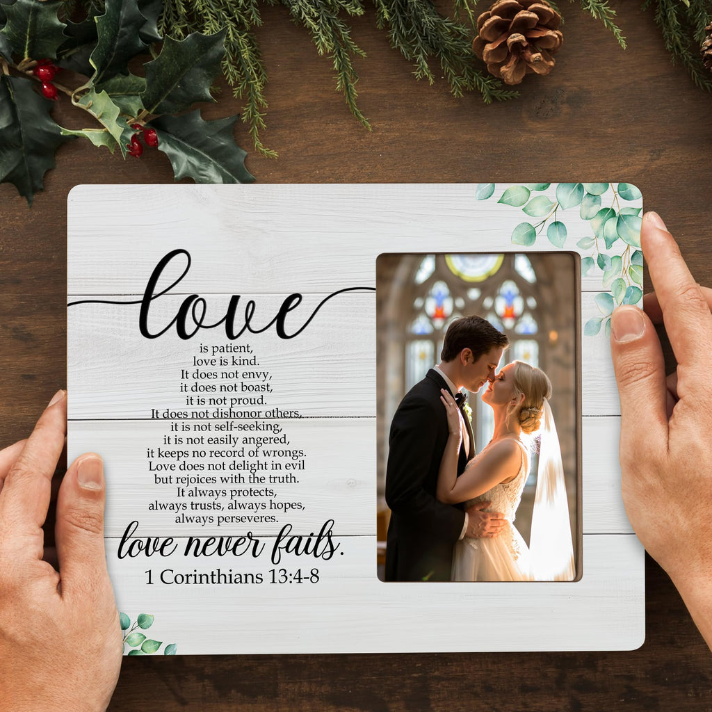 DIMSEOIUS Christian Wedding Gifts for the Couple, Love is Patient Love is Kind Picture Frame, Bible Verse Love Never Fails 1 Corinthians Frames Fits 4x6 Photo