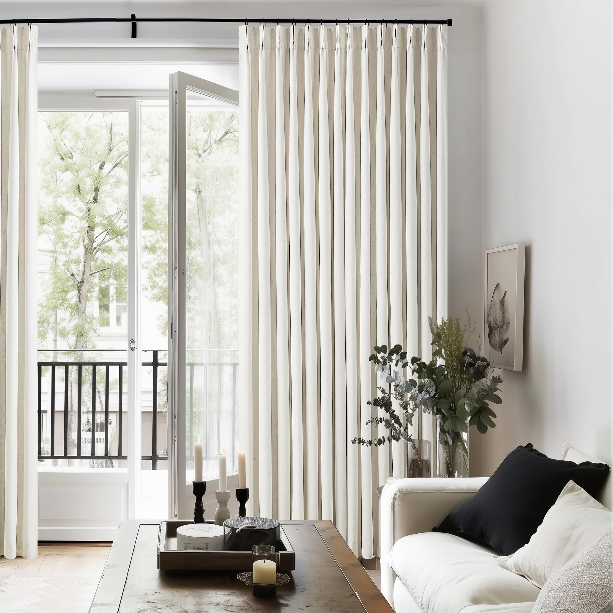 Natural Linen 100% Black Out Pinch Pleated Curtains 108 Inches Long 2 Panels Set for Bedroom Cream Back Tab Thermal Insulated Energy Efficient Blackout Curtains Living Room High Ceiling Length 9 Ft