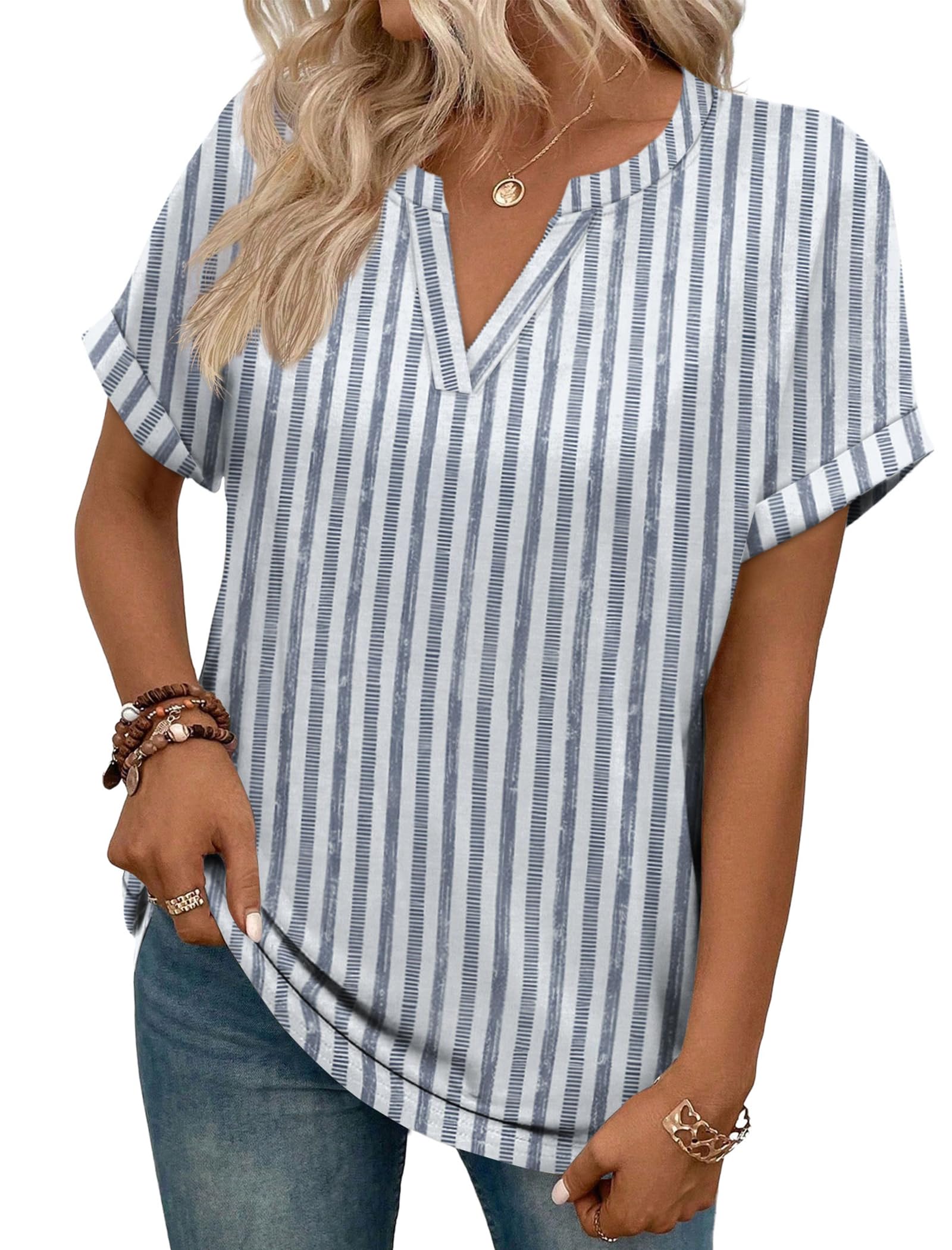 WIHOLL Womens Boho Tops 2026 Summer Short Sleeve Tshirts Shirts Spring Dressy Casual Blouses Airport Trendy Outfits L Blue Stripe