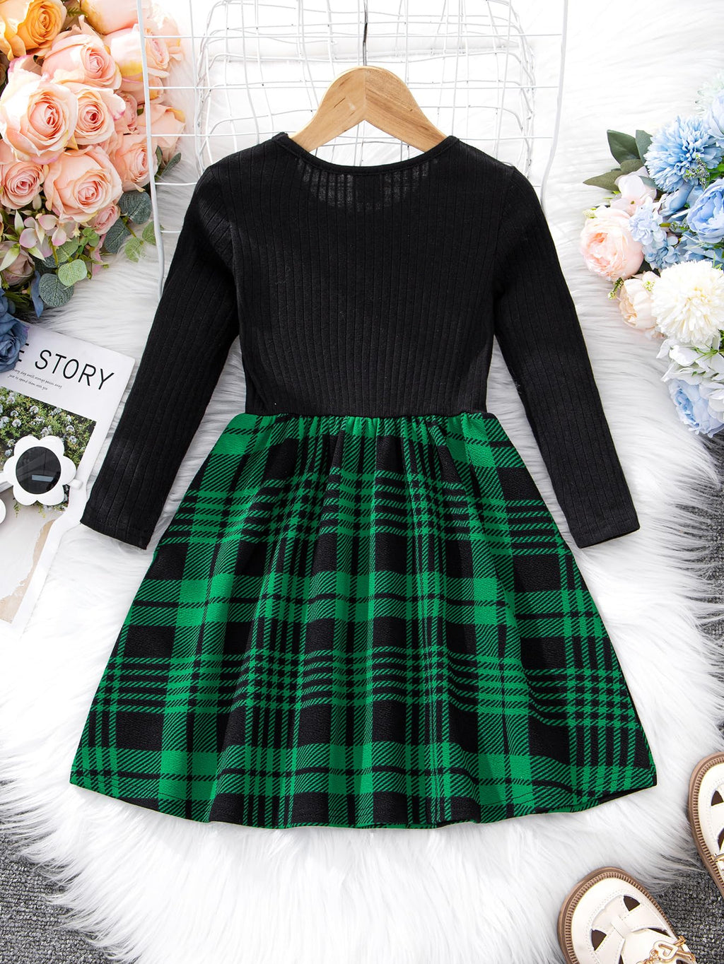 WDIRARA Girl's Plaid Bow Front Ribbed Knit Round Neck Long Sleeve A Line Dress Green 15Y