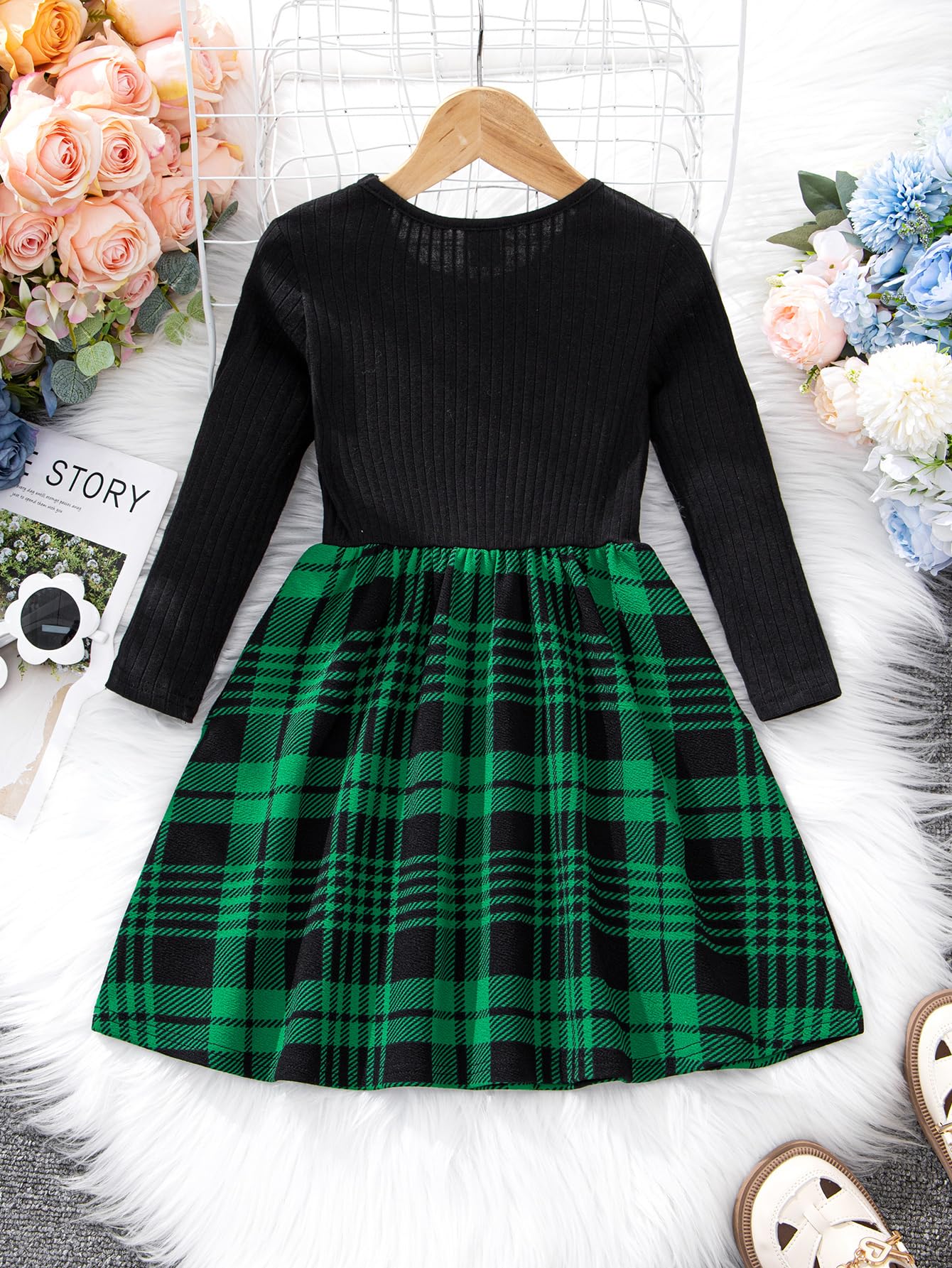 WDIRARA Girl's Plaid Bow Front Ribbed Knit Round Neck Long Sleeve A Line Dress Green 15Y