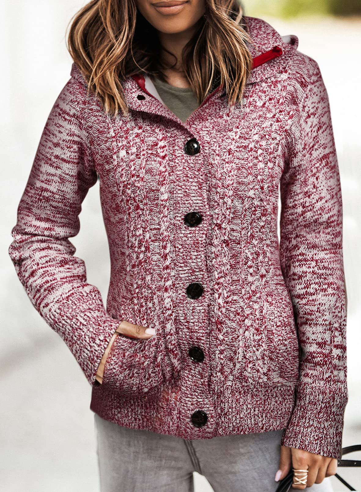 Sidefeel Women's Cardigan Hooded Fleece Lined Jackets Winter Cable Knit Sweater Coat Medium Red