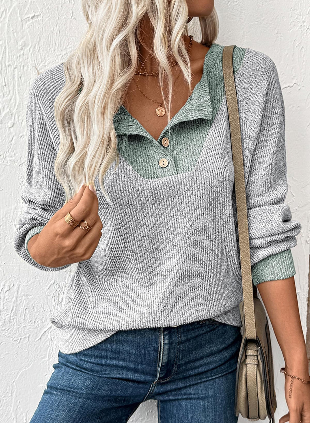 EVALESS Womens Spring Fashion 2026 Long Sleeve Shirts Patchwork Button Up V Neck Sweatshirt for Women Casual Trendy Pullover Teacher Outfits Tops Light Grey Medium