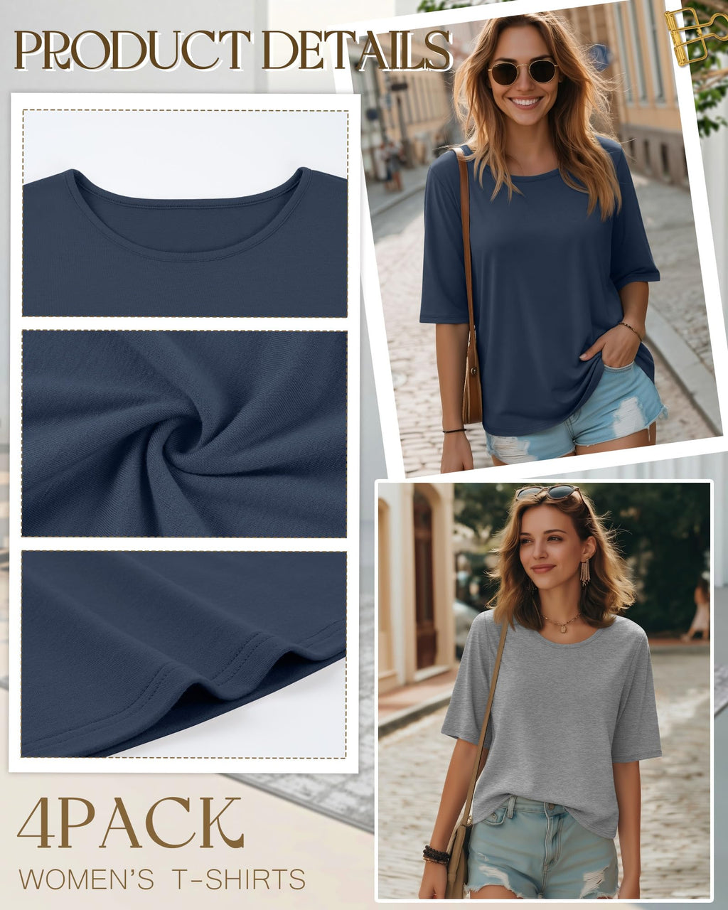 Neer 4 Pack Women's Half Sleeve Top Elbow Length T Shirt Oversized Round Neck Tee Summer Casual Tops(Black, White, Light Gray, Haze Blue,Large)