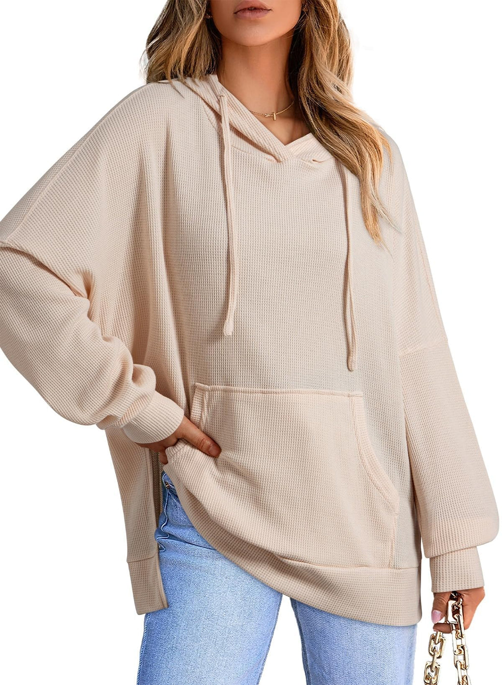 Dokotoo Oversized Hoodies for Women Casual Long Sleeve Autumn Pullover Sweatshirts for Women 2025 Fall Waffle Knit Side Slit Hoodie Sweatshirt Clothes with Pocket Apricot Large