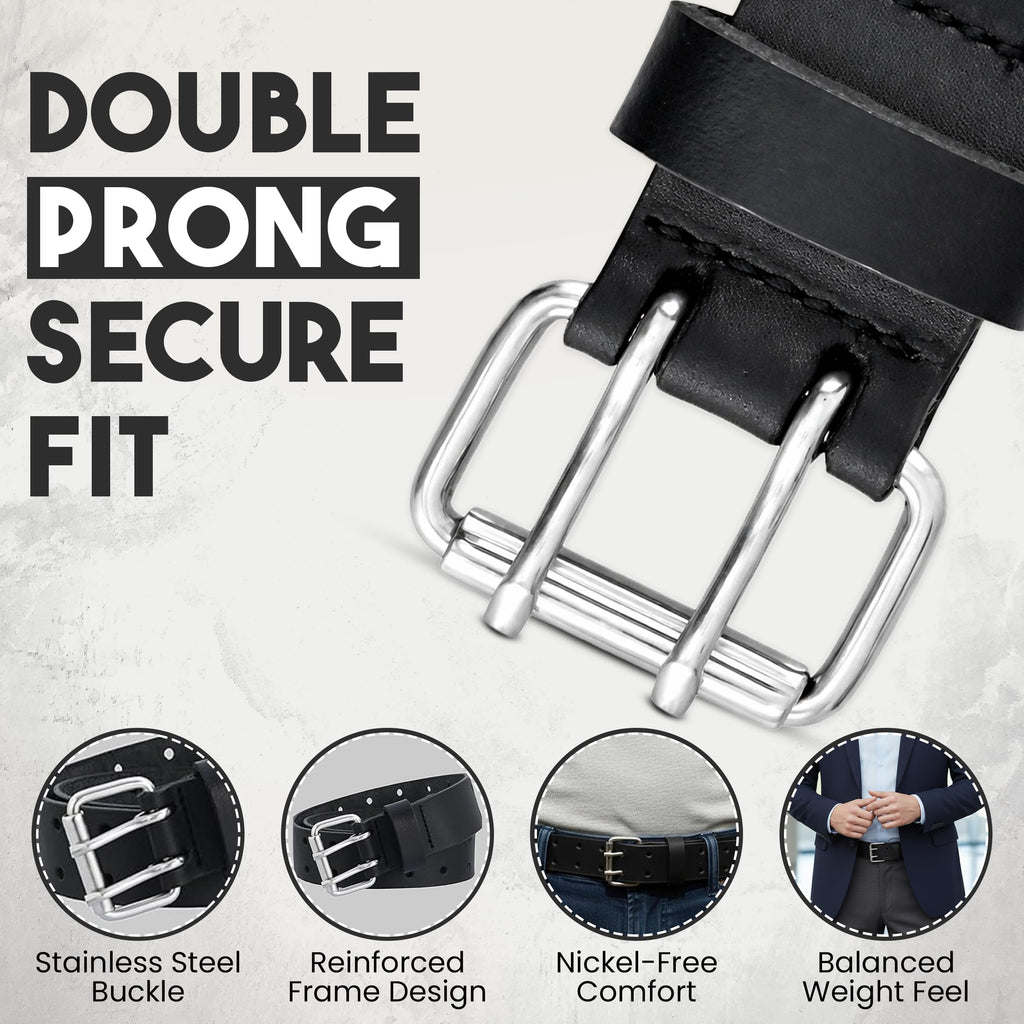 PBF Belts for Men - Double Prong 38mm Full Grain Wide Leather belt for men - Heavy Duty, Crack & Peel & Nickel Free, Adjustable & Comfortable (For Waist 58" - 62", Black)