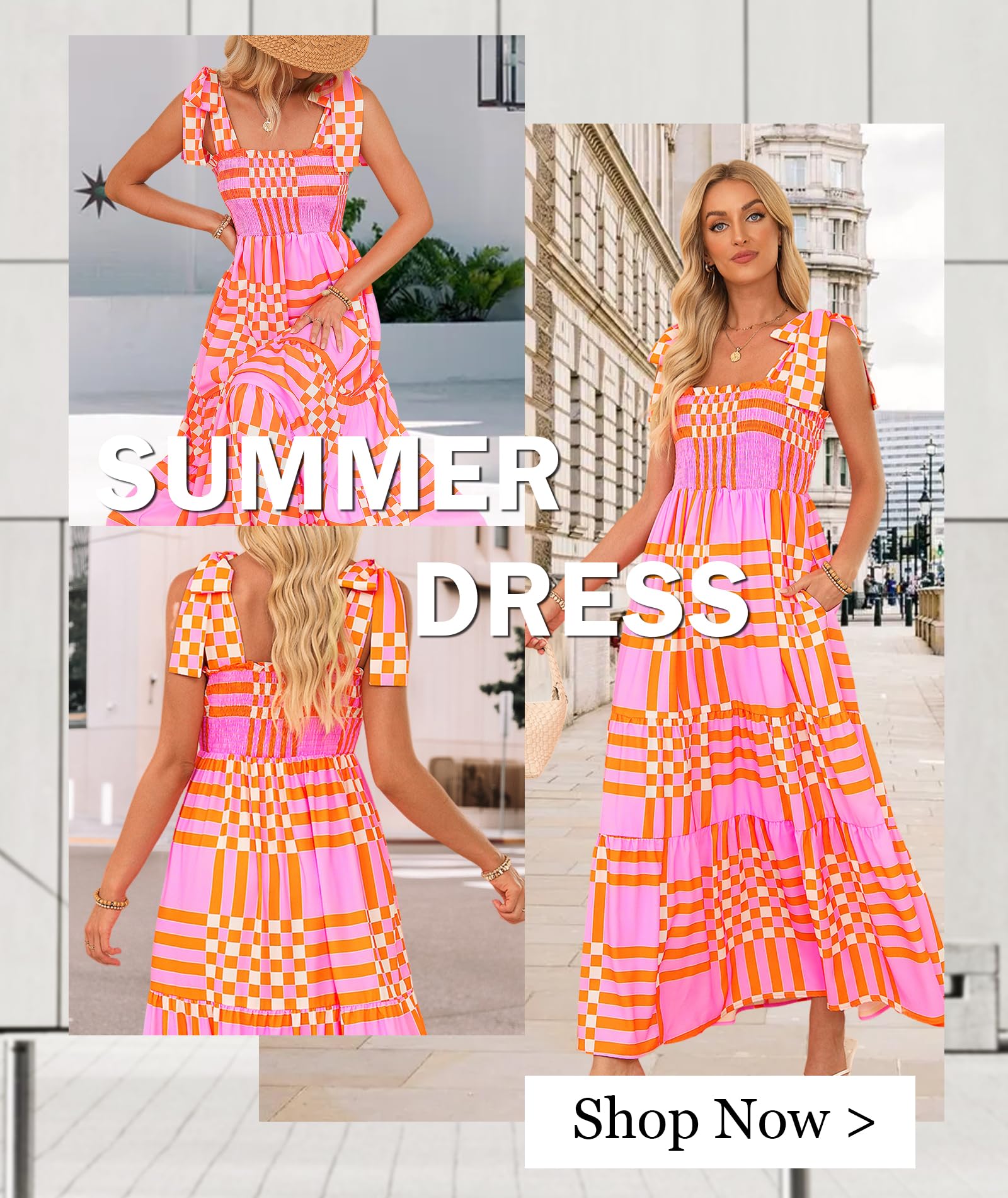Women's Summer Maxi Dress Boho Spaghetti Straps Casual Long A-line Smocked Beach Dress Square Neck Flowy Sun Dresses Green A-Pink S