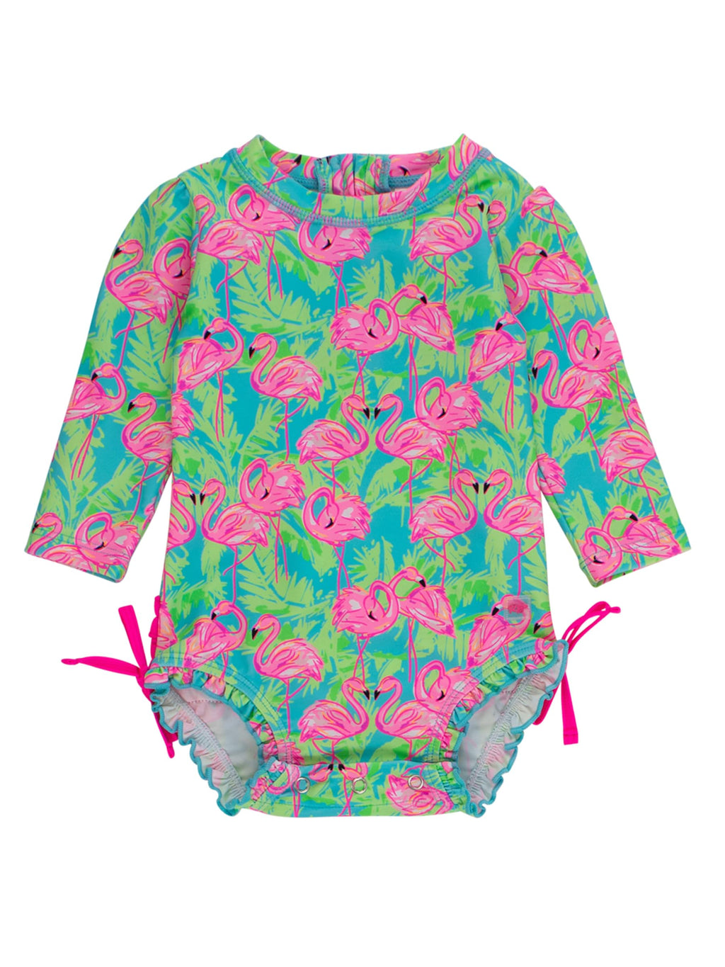 RuffleButts Baby Girls UPF 50+ Sun Protection Tropical Print Long Sleeve One Piece Rash Guard Swimsuit with Zipper - Neon Flamingo Fun, 12-18m