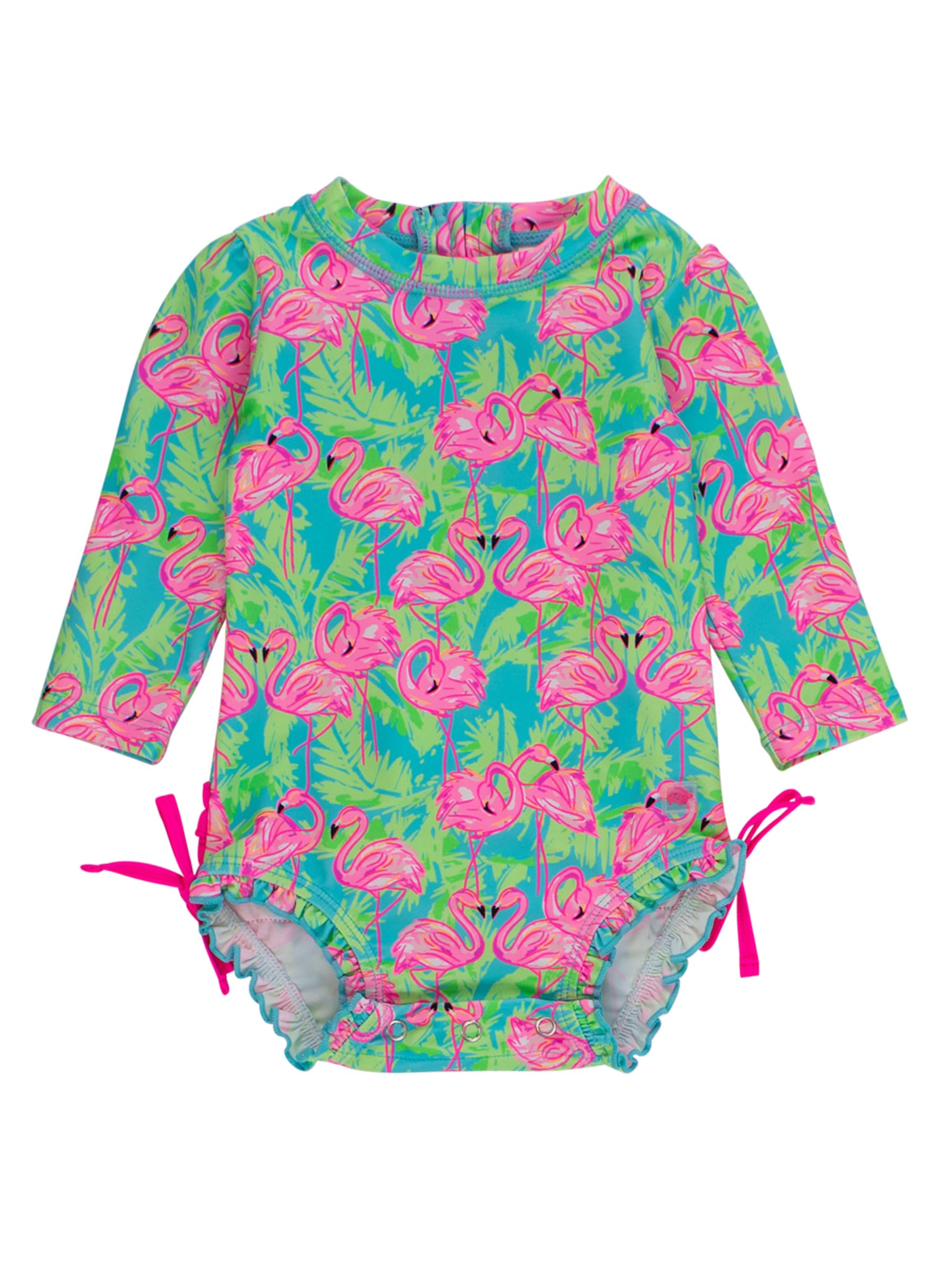 RuffleButts Baby Girls UPF 50+ Sun Protection Tropical Print Long Sleeve One Piece Rash Guard Swimsuit with Zipper - Neon Flamingo Fun, 12-18m