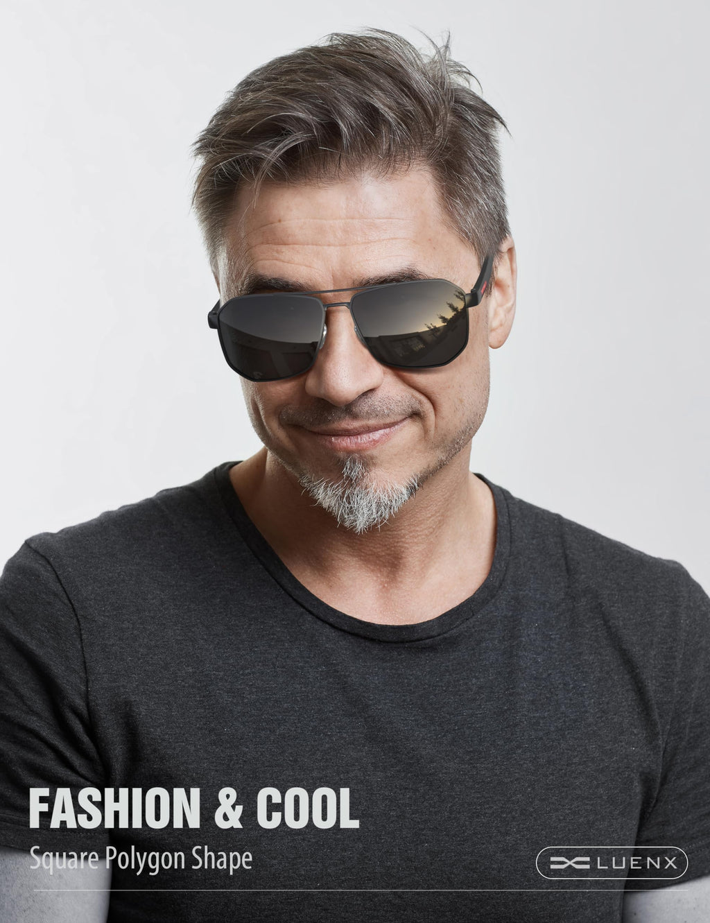 LUENX Aviator Sunglasses for Men Square Polarized Polygon Lens - UV 400 Protection with Accessories Driving Outdoor 61MM Black Lens