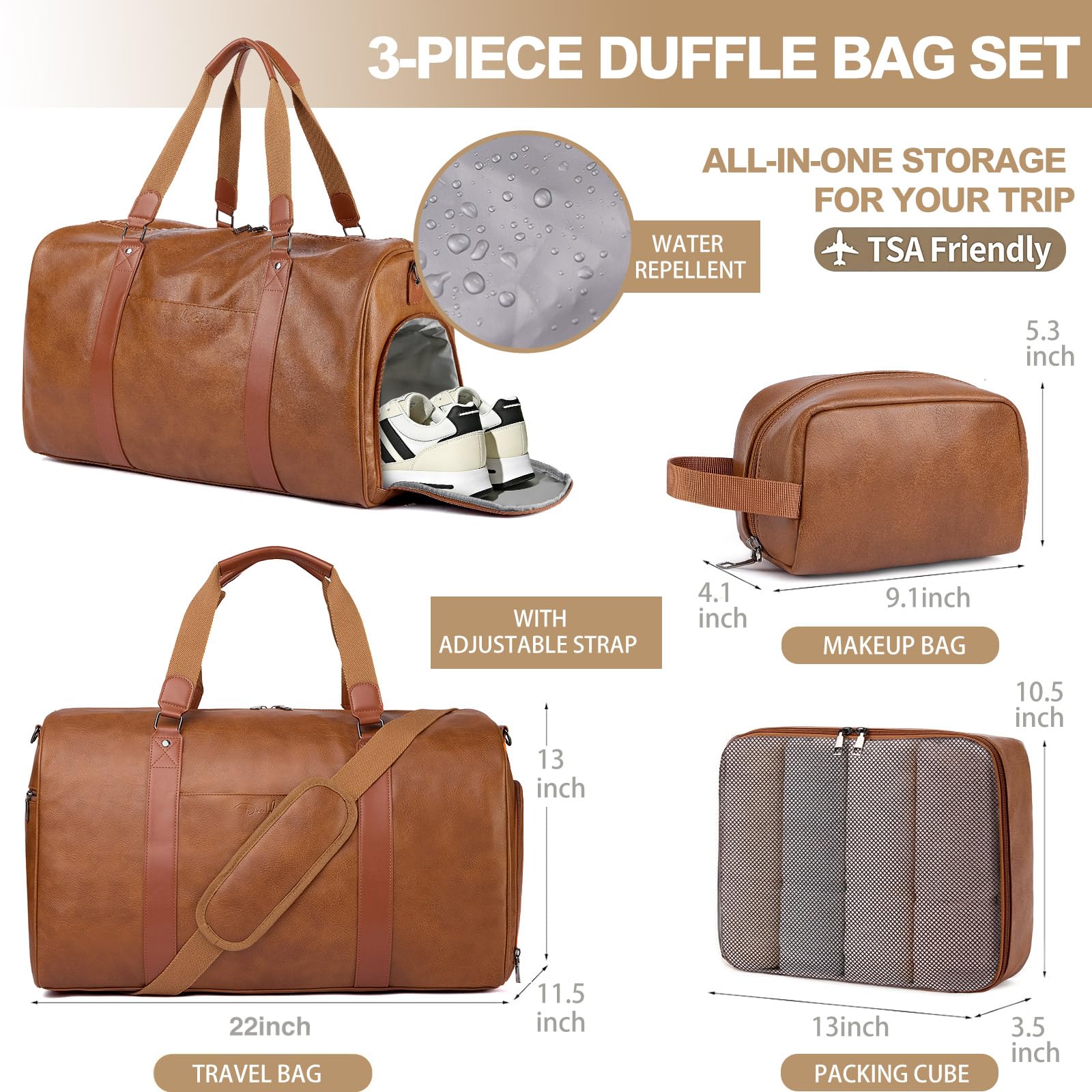 Large 3-in-1 Leather Duffle Bag for Travel Weekender Overnight Hospital Gym Bag for Men & Women, Carry On Airline Approved Personal Item Duffel Garment Bag Luggage with Shoe Compartment & Toiletry Bag