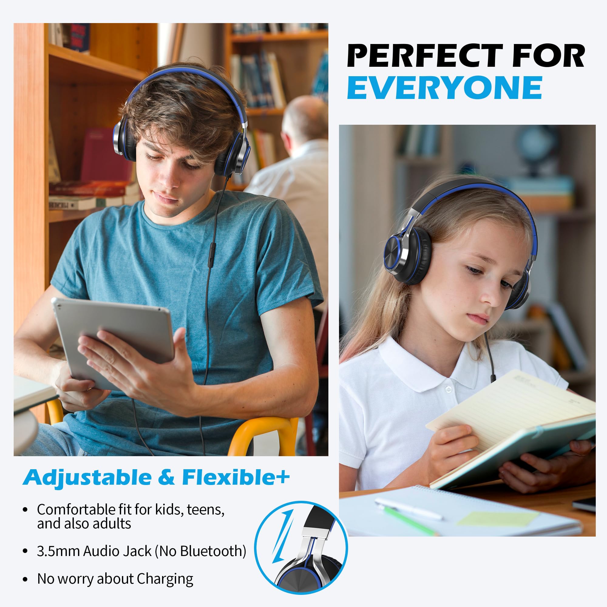AILIHEN C8 Kids Headphones Wired, On-Ear Headphones with Microphone and Volume Control Foldable Corded Stereo 3.5mm Headset for School Teens Smartphones Chromebook Laptop Tablets Travel (Black Blue)