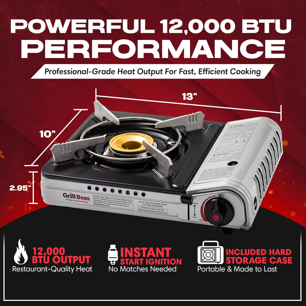 Grill Boss Dual Fuel Camp Stove w/ 4x 8oz Butane Canisters - 12,000 BTU Butane & Propane Portable Stove for Camping, Emergencies, BBQ, Hiking & Backpacking - Double Wind Guard, Piezo Ignition - 90057