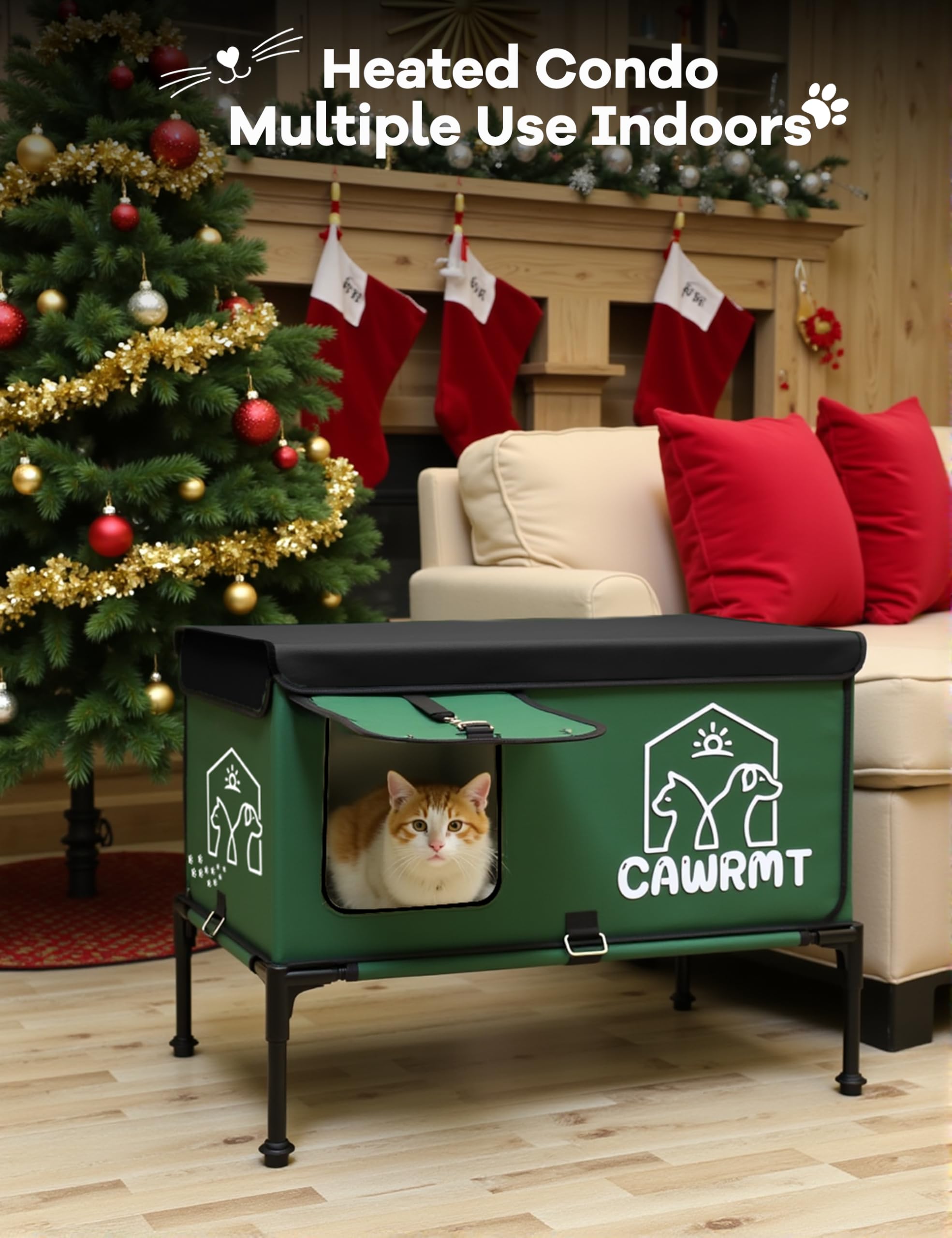 Outdoor Cat House, Waterproof Heated Elevated Cat House for Outside with a Heating Pad, Protect Stray Animal from Rain Snow Hailstone Easy Assembly (Green, Large-21.65 * 13.77 * 18.7)
