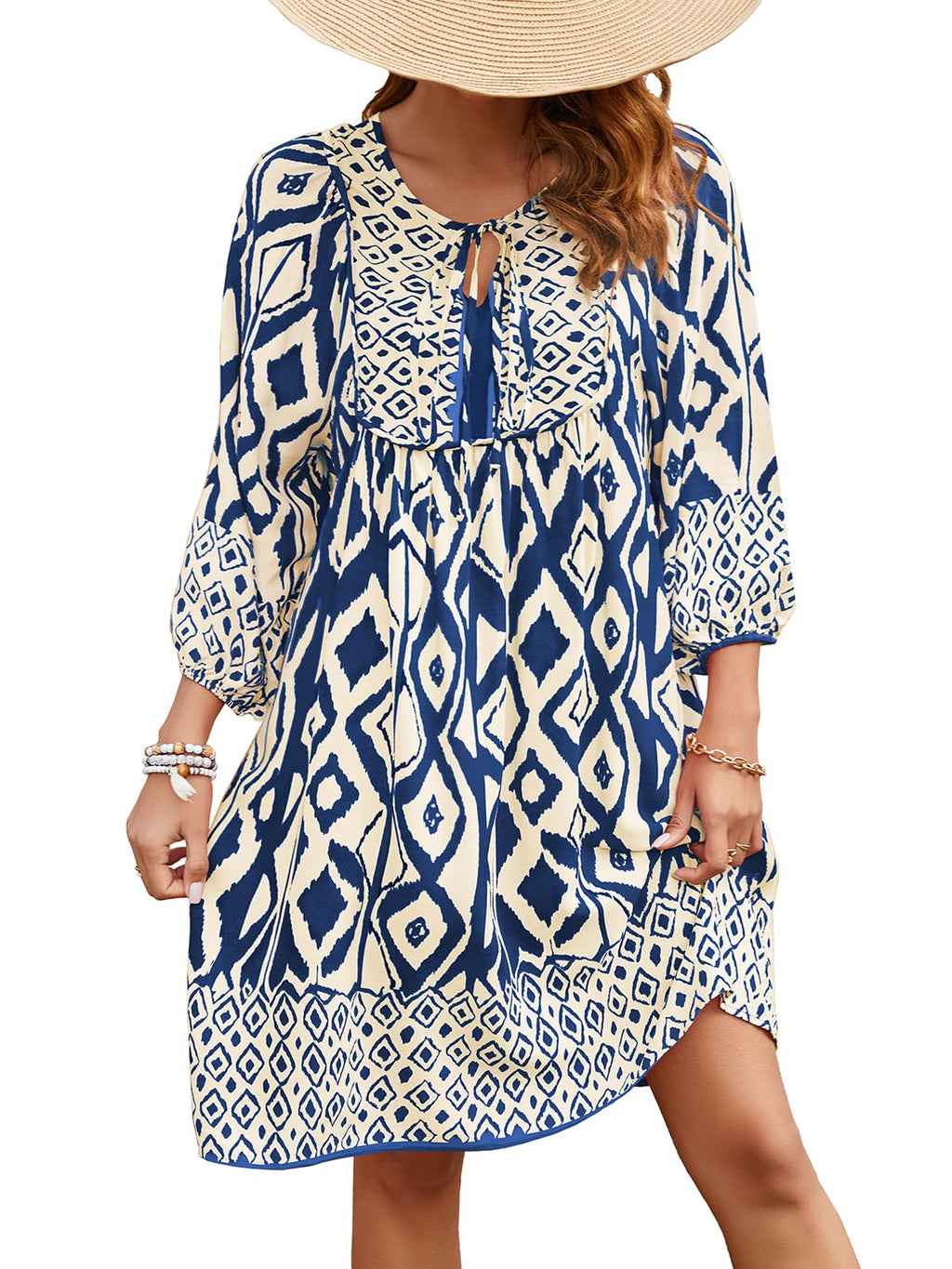 Qearal Beach Vacation Dresses for Women 3/4 Sleeve Boho Floral Print Casual Summer Short Flowy Dress Navy Blue XL