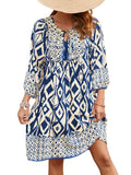 Qearal Beach Vacation Dresses for Women 3/4 Sleeve Boho Floral Print Casual Summer Short Flowy Dress Navy Blue XL