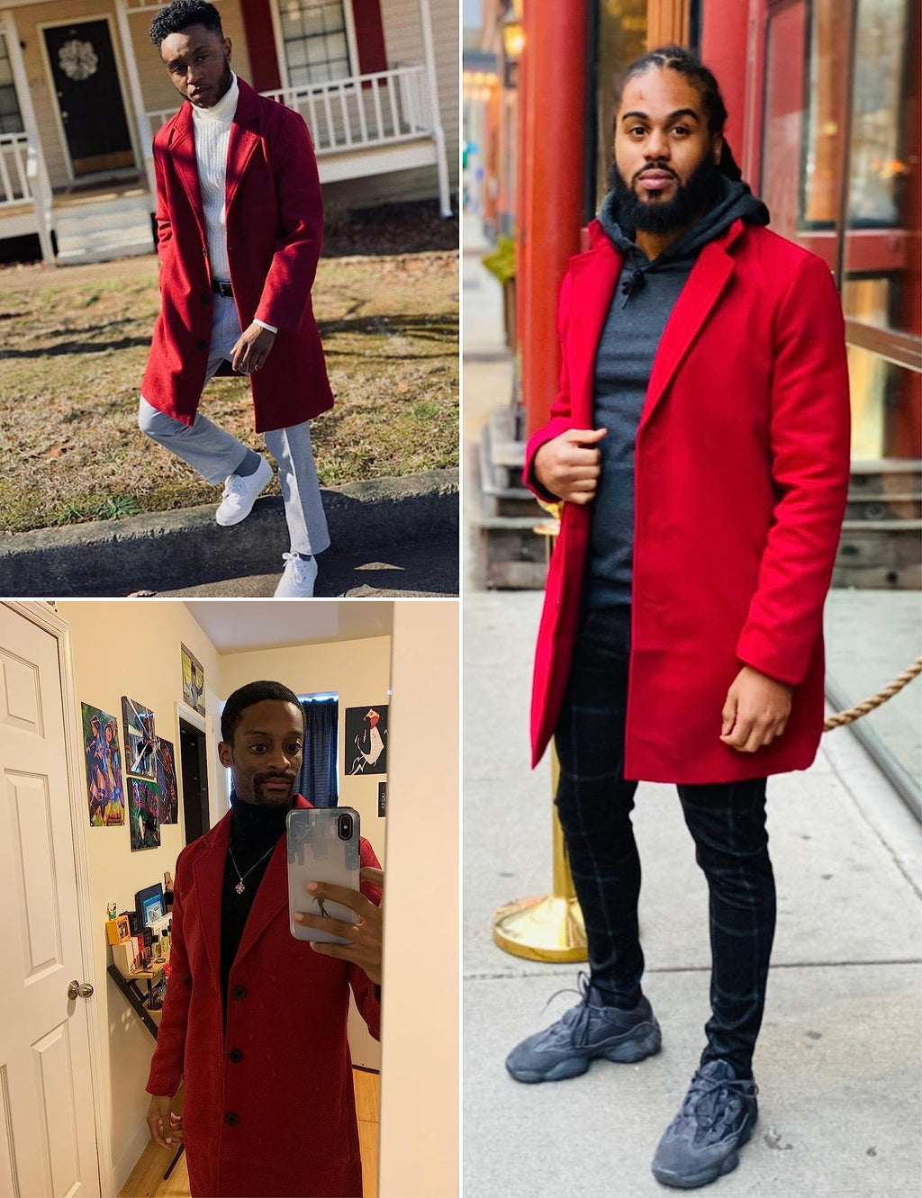 Springrain Men's Wool Blend Pea Coat Notched Collar Single Breasted Overcoat Warm Winter Trench Coat(Red-S)