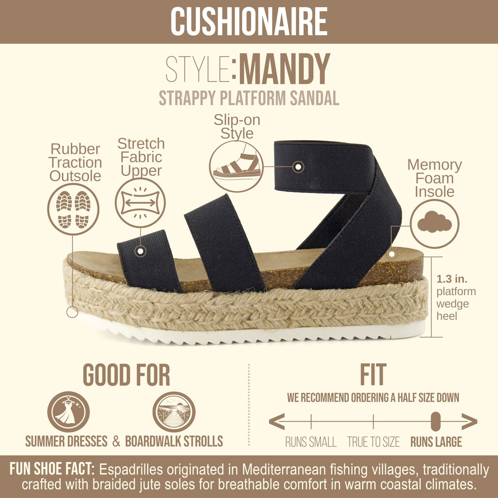 CUSHIONAIRE Mandy Wedge Sandals for Women 2026 – Strappy Platform Sandals with Arch Support, Cute Summer Espadrille-Style Platform Dressy Slip-On, BLACK 9
