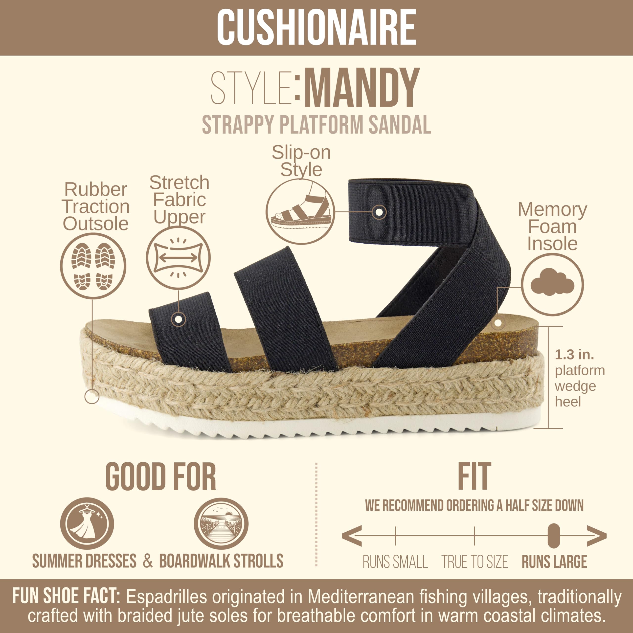 CUSHIONAIRE Mandy Wedge Sandals for Women 2026 – Strappy Platform Sandals with Arch Support, Cute Summer Espadrille-Style Platform Dressy Slip-On, BLACK 9