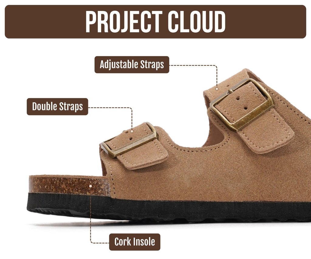 Project Cloud 100% Genuine Leather Flat Sandals For Women 2026 Cork Footbed Womens Sandals with Memory Foam and arch support Vacation Essentials Slides for Women Footwear (Venita, Chestnut, 8)