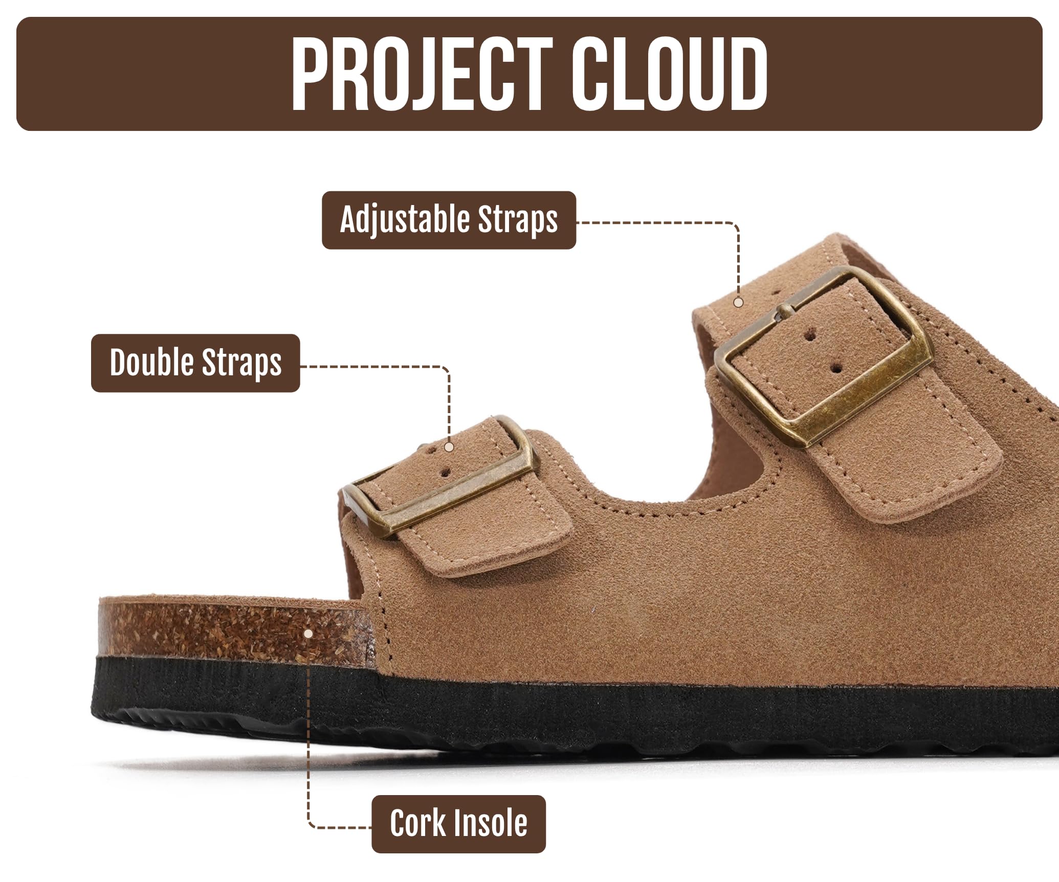 Project Cloud 100% Genuine Leather Flat Sandals For Women 2026 Cork Footbed Womens Sandals with Memory Foam and arch support Vacation Essentials Slides for Women Footwear (Venita, Chestnut, 8)