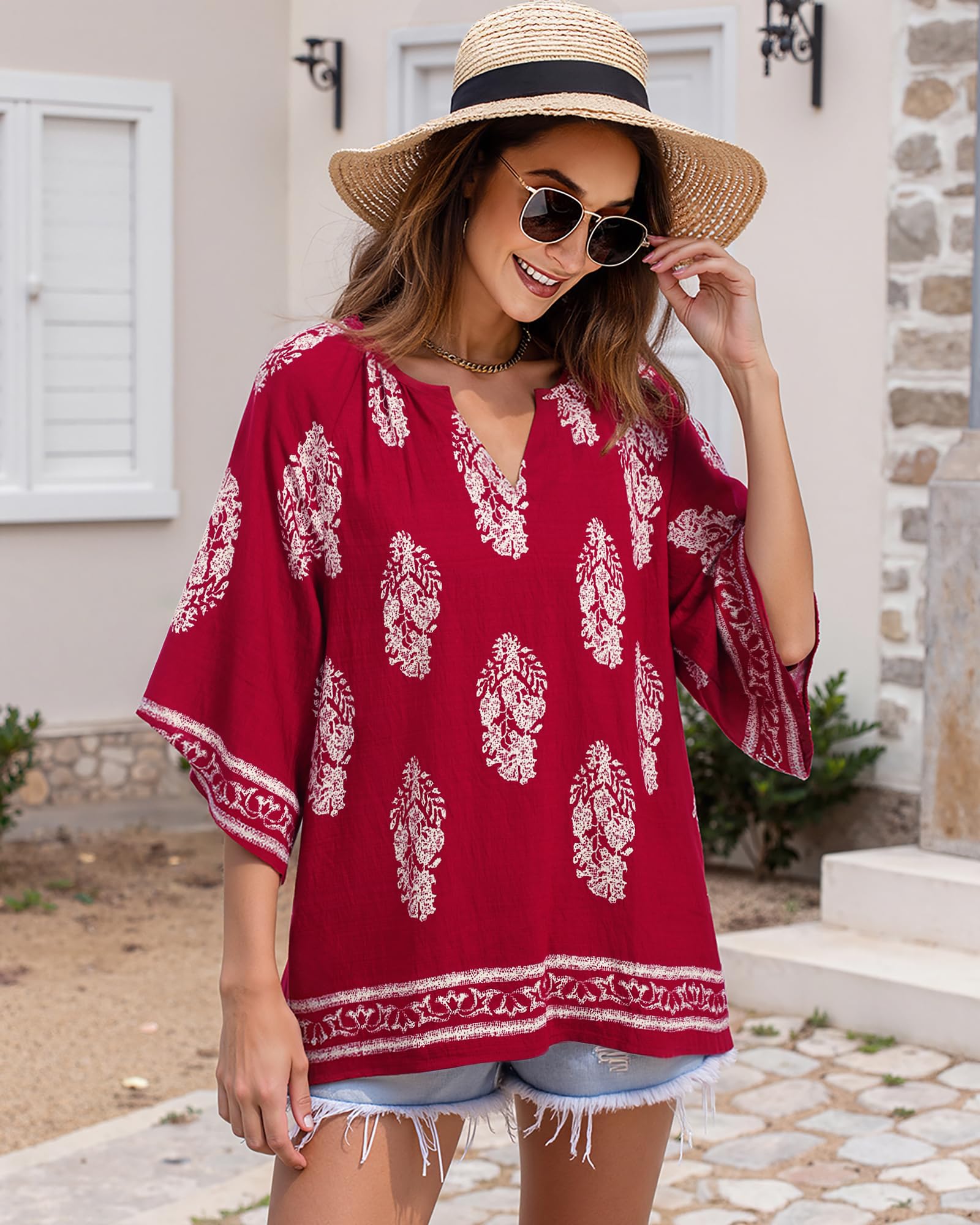 Bebonnie Summer Blouses for Women 2025: 3/4 Sleeve Dressy Casual V Neck Boho Tops - Professional Blouses for Women Office Wear - Work Dress Shirts Teacher Clothes Multi Wine XXL