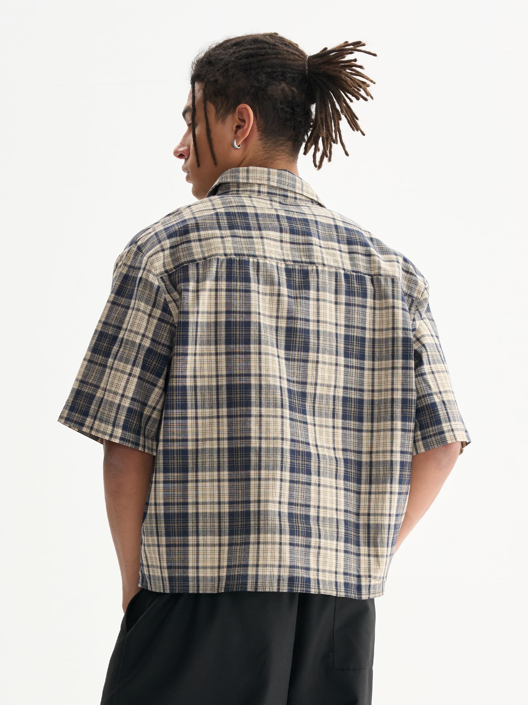 Comfy Quality Boxy Fit Cropped Check Men's T-Shirts Streetwear Short Sleeve Button Down Tops Shirts for Man (US, Alpha, Large, Regular, Regular, Blue)